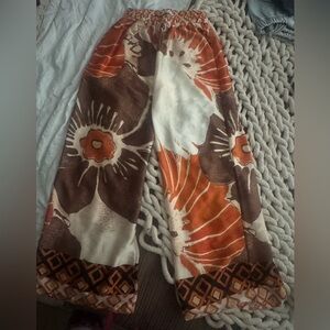 Wide-Leg Floral Print Scarf-Style Wrap Pants in Brown and Orange
